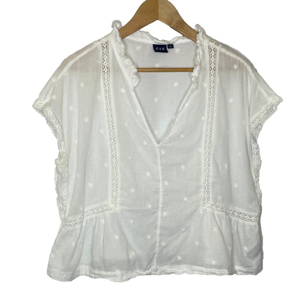 Women's Small Gap White 100% Cotton Embroidered Boho V-Neck Blouse